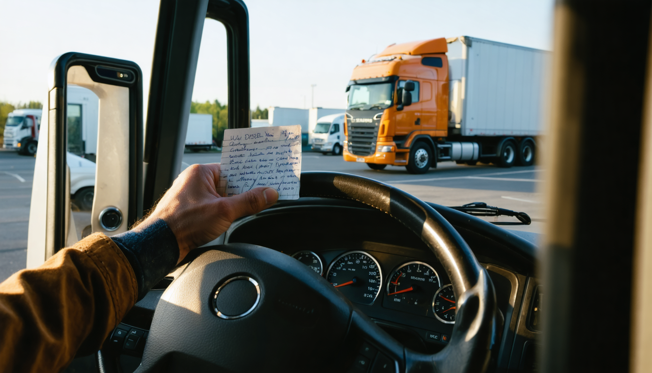 Owner-operator holding fuel card and cost notes in the cab of a truck at a fuel stop