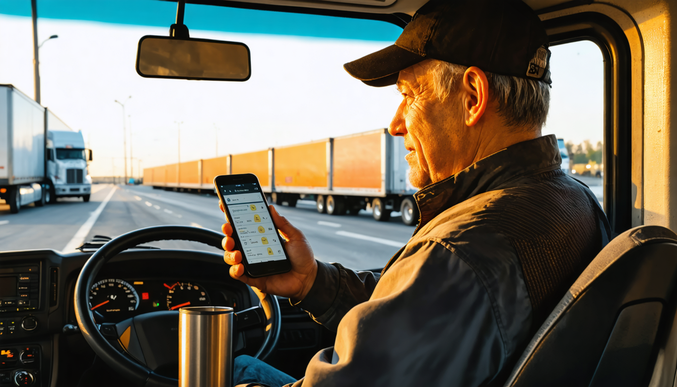 Owner-operator reviewing a load on a smartphone in the cab of a semi at a truck stop.