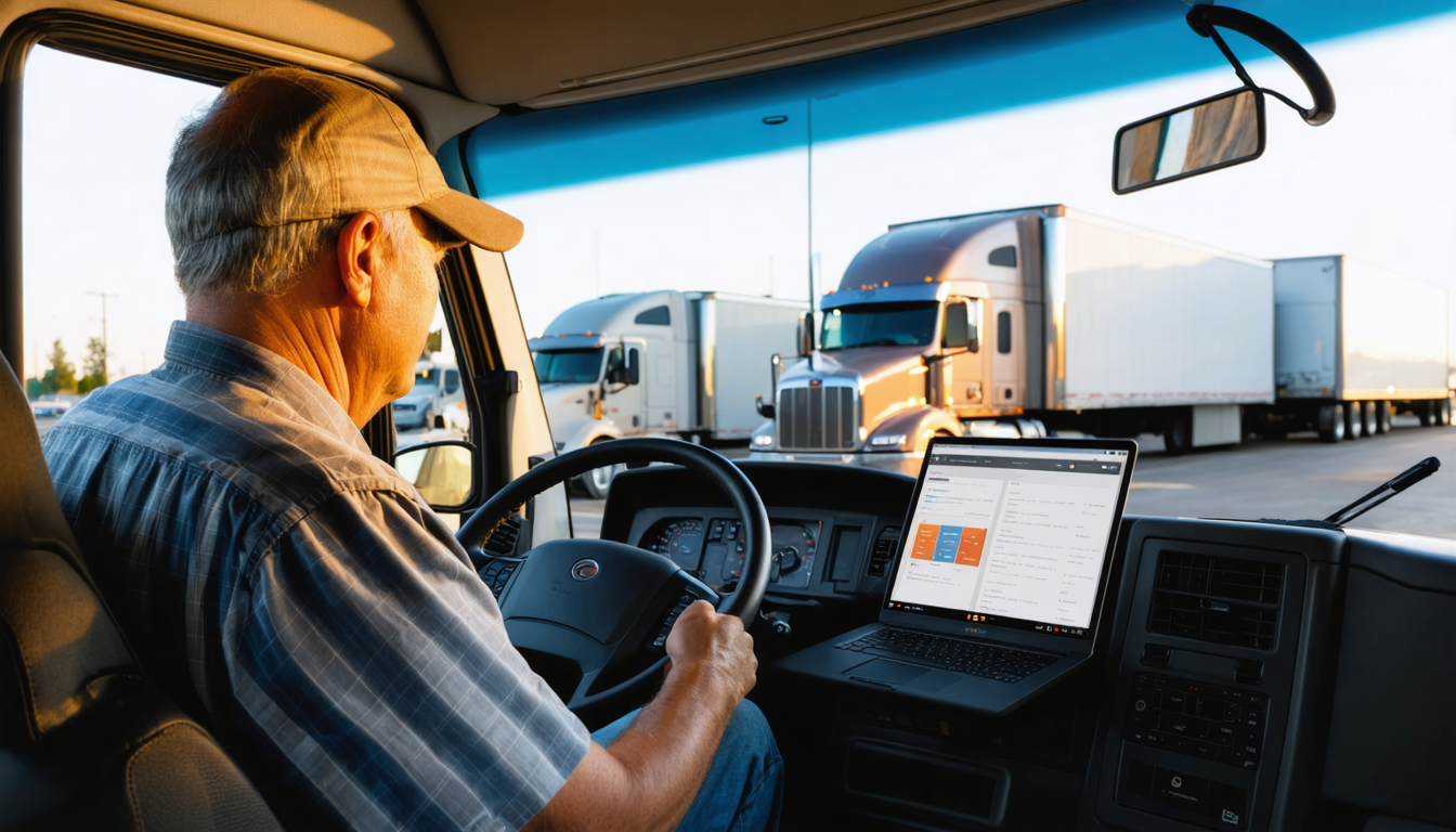 Owner-operator reviewing HOS pilot program information on laptop in truck cab at golden hour
