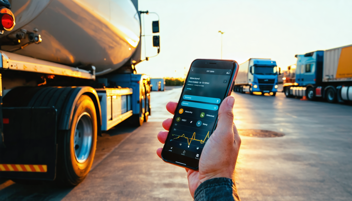 Owner-operator checking a loadboard on their phone beside a fuel tanker at sunset