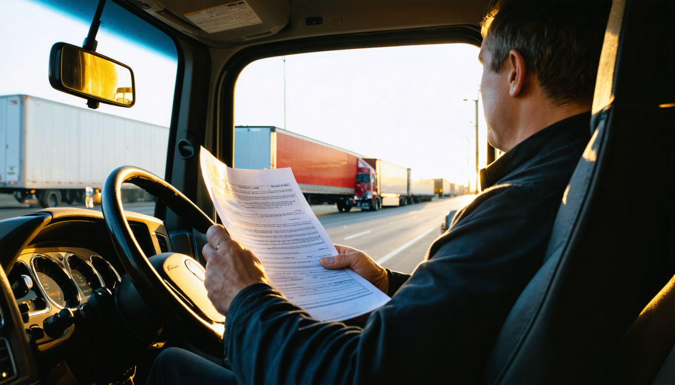 Owner-operator reviewing a contract in the cab of a semi at golden hour