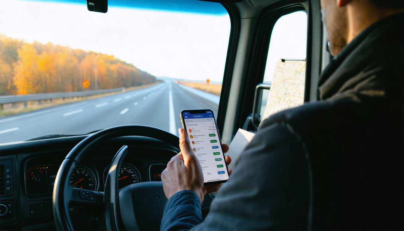 Owner-operator reviewing freight loads on a smartphone in the cab at dawn, planning route strategy.