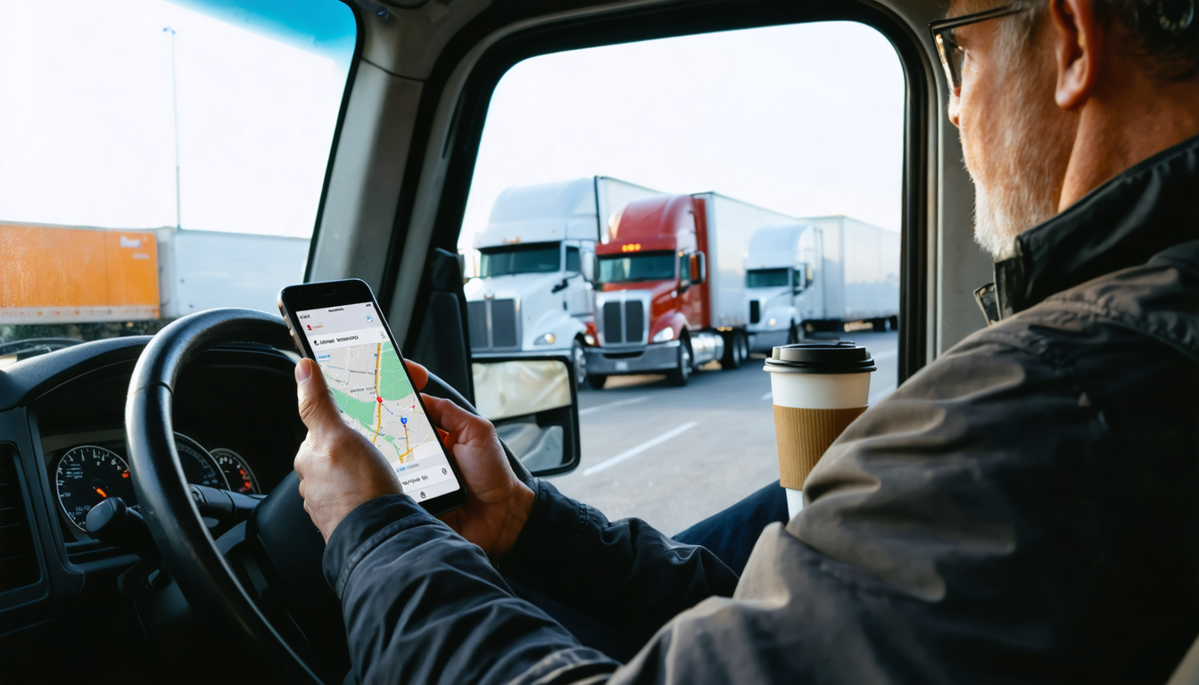 Owner-operator studying a loadboard on a smartphone in a semi truck cab at sunrise.