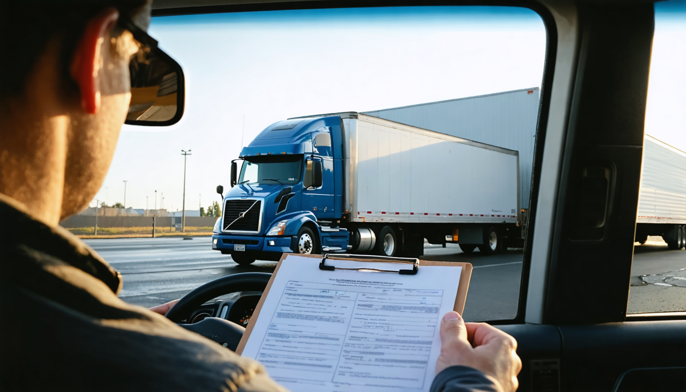 Inspector checking driver credentials at a weigh station at dawn