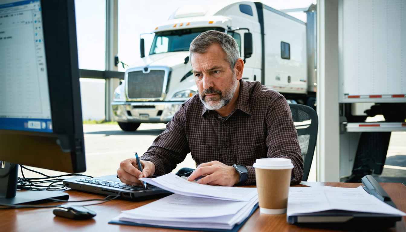 Owner-operator reviewing insurance renewal documents at a dispatch office desk with a semi-truck visible outside