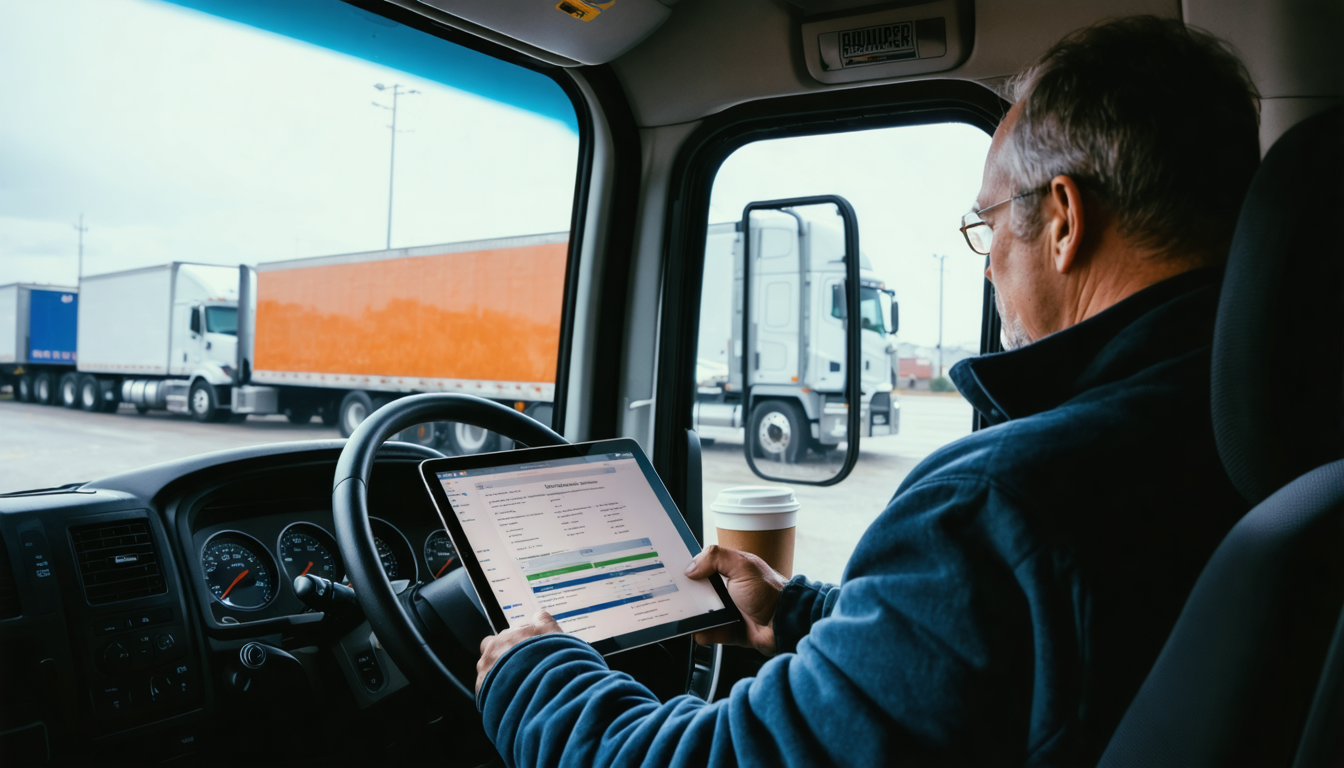 Owner-operator reviewing insurance documents on a laptop in the cab of a semi truck at a truck stop at dawn