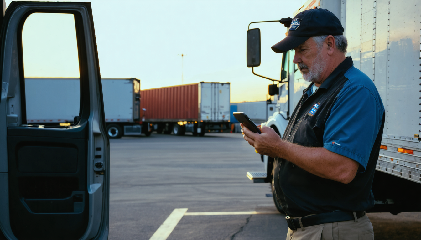 Owner-operator checking loadboard on smartphone at truck stop at dusk, with distant intermodal containers visible