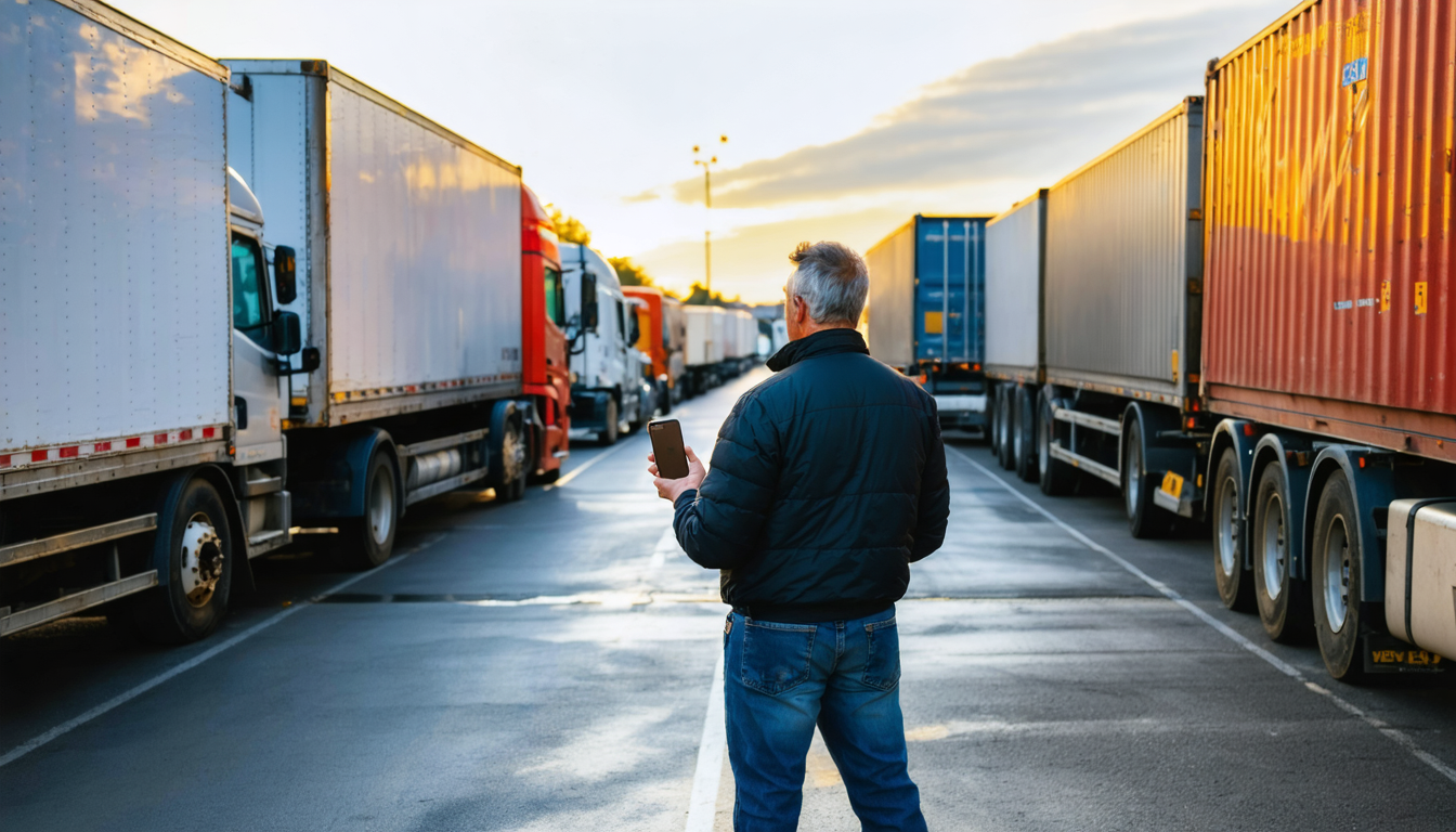 Owner-operator at truck stop comparing loads on phone, dry van and intermodal chassis visible