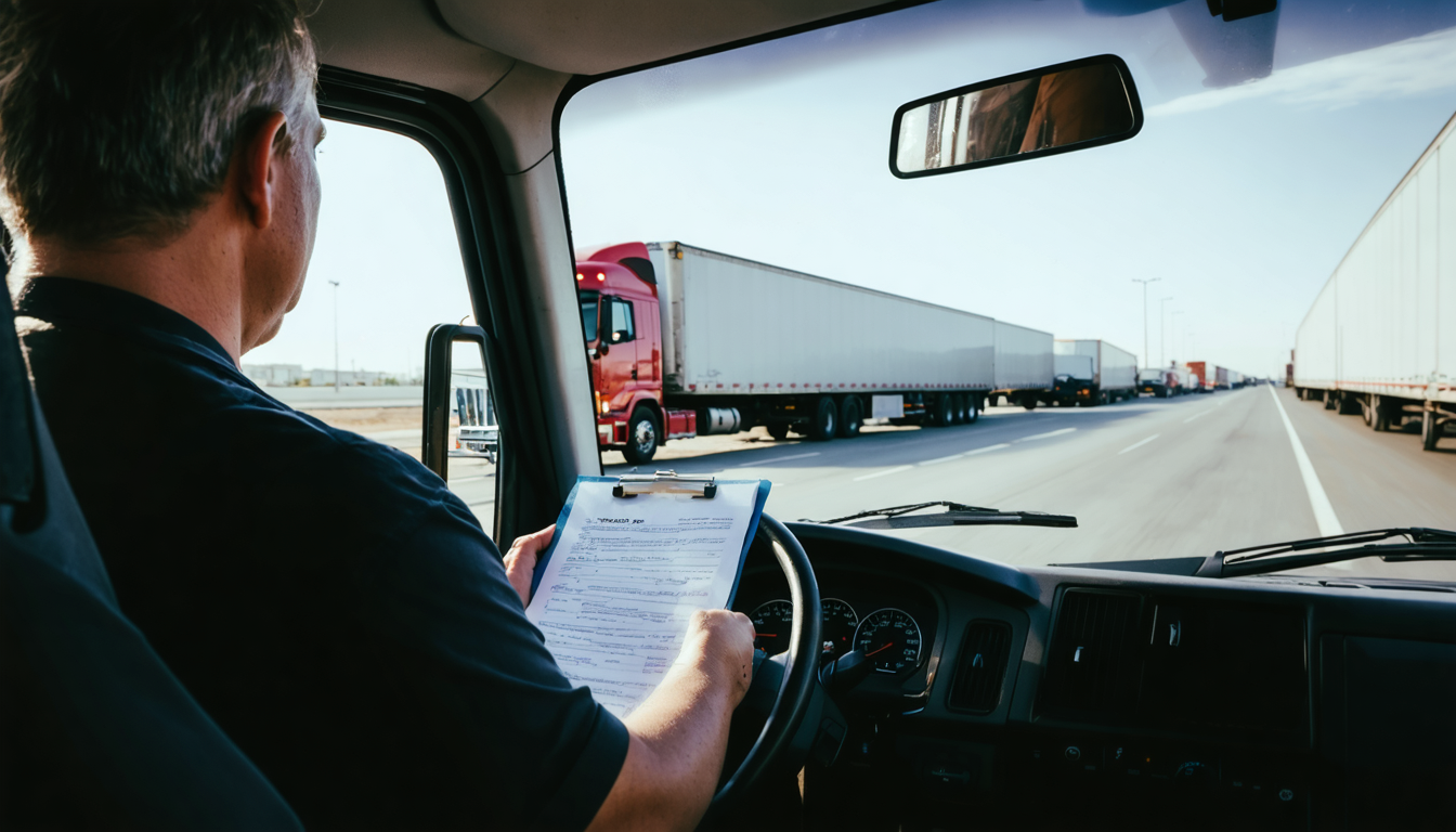 Owner-operator holding cargo documents at a Mexico border crossing checkpoint