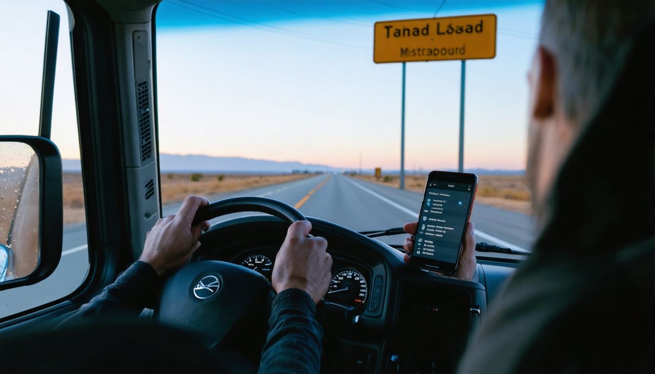 Driver's hands on steering wheel in semi cab at dawn, highway ahead, smartphone with loadboard app on dashboard