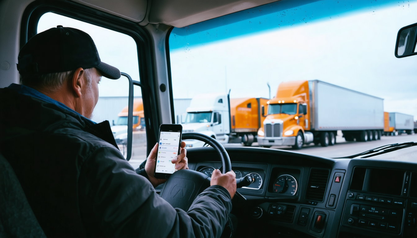 Owner-operator in semi cab at dawn, checking sparse loadboard on smartphone