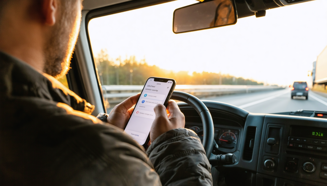 Owner-operator checking registration status on phone in truck cab at sunset