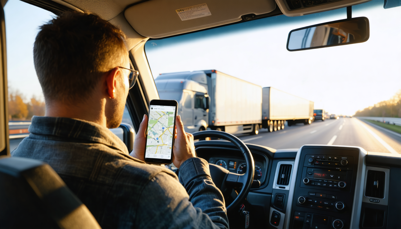 Owner-operator checking loads on phone in truck cab at dawn