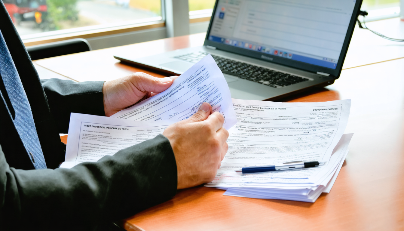 Owner-operator reviewing CDL and registration documents at a truck stop desk