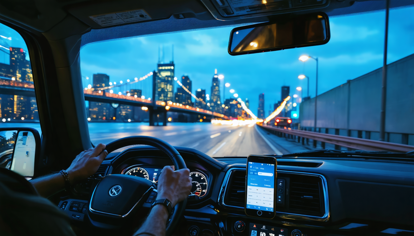 Driver in semi cab at dusk with Manhattan skyline and smartphone dispatch app visible