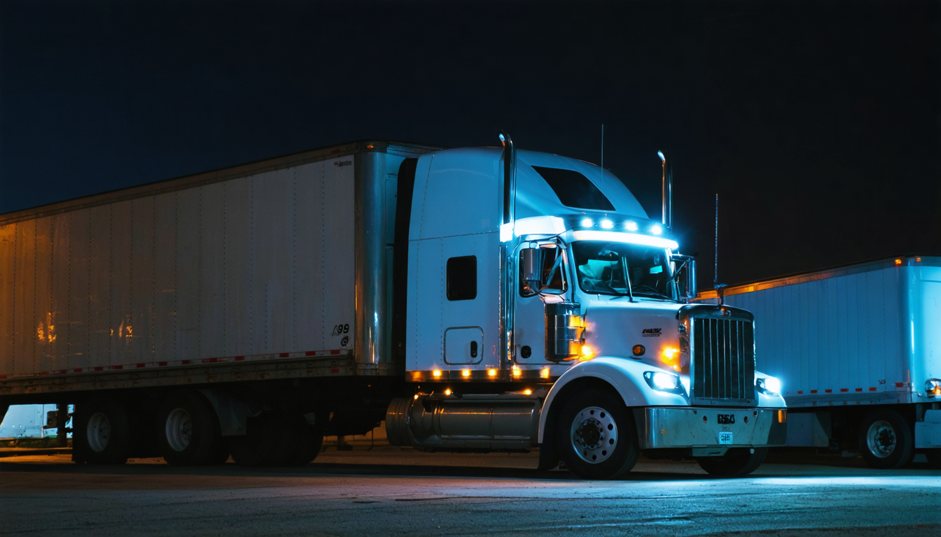 Night inspection at truck stop with flashlight beam on semi truck cab