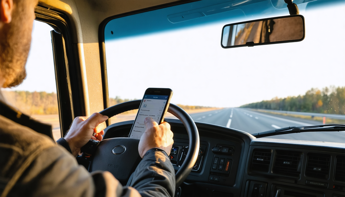 Owner-operator's hands on steering wheel with ELD device visible on dashboard, cab interior at golden hour