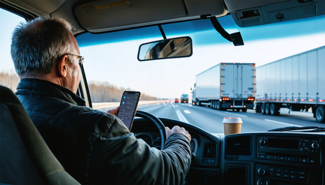 Owner-operator at the wheel of a semi truck at dawn, checking a loadboard app on a mounted phone.
