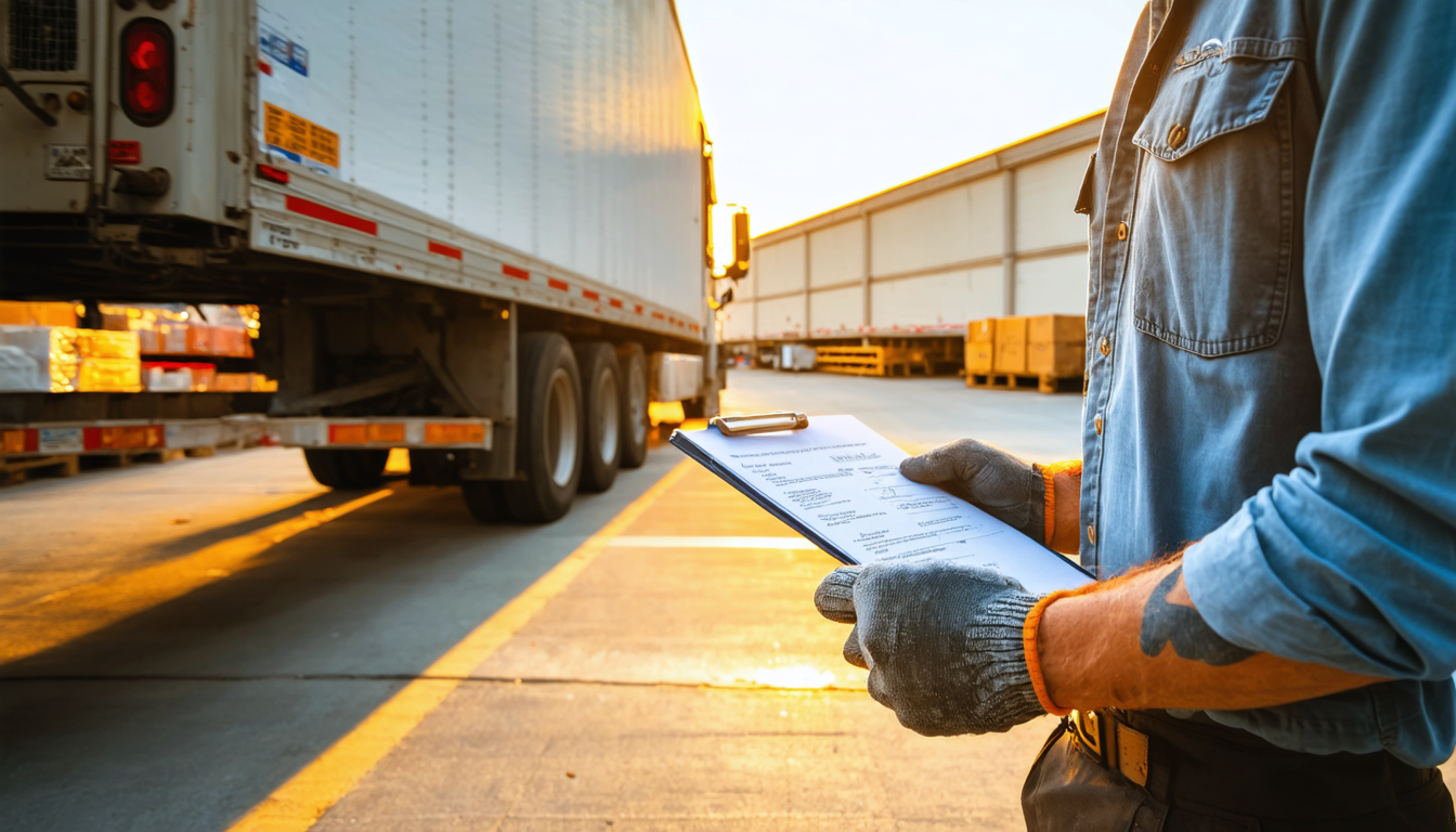 Owner-operator checking temperature logs on a reefer trailer at a produce warehouse dock at dawn