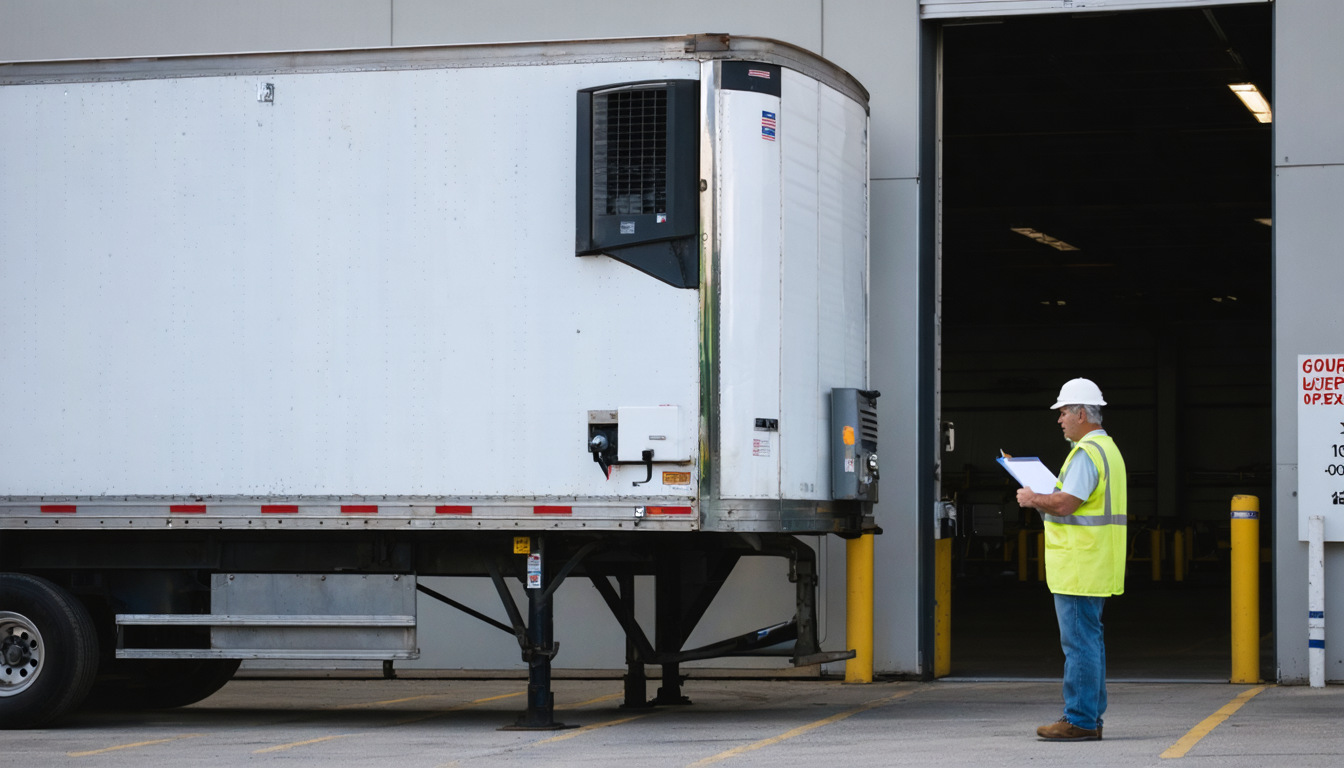 Reefer trailer at a loading dock with warehouse worker checking paperwork at dawn