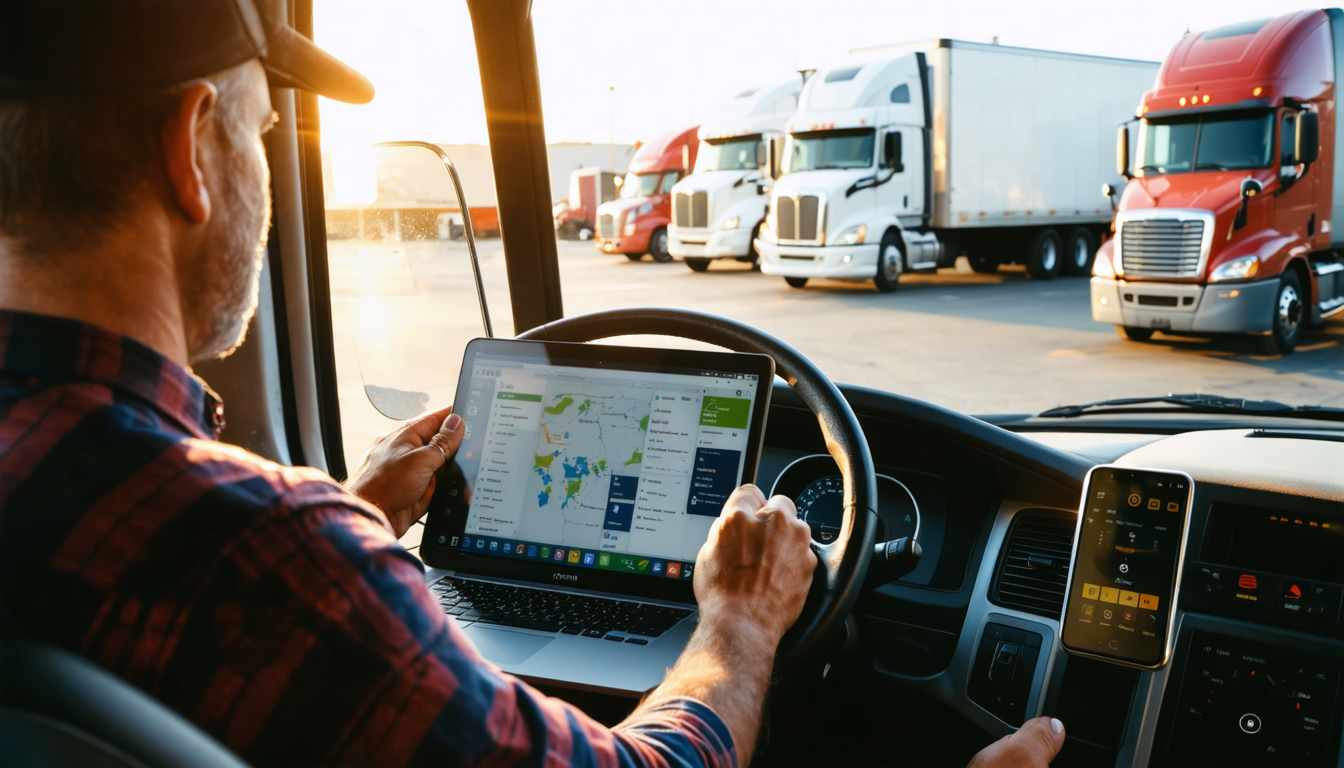 Owner-operator reviewing load data on laptop in truck cab at golden hour