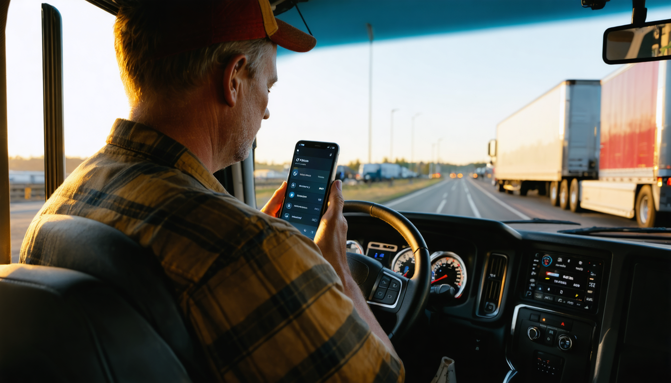 Owner-operator checking a loadboard on a smartphone in the cab at sunset