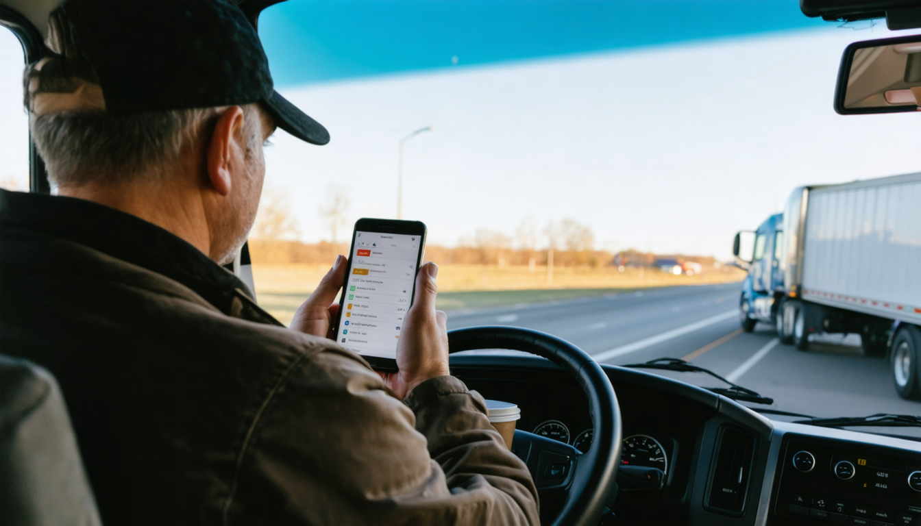 Owner-operator reviewing spot rates on a loadboard app in the cab at sunrise