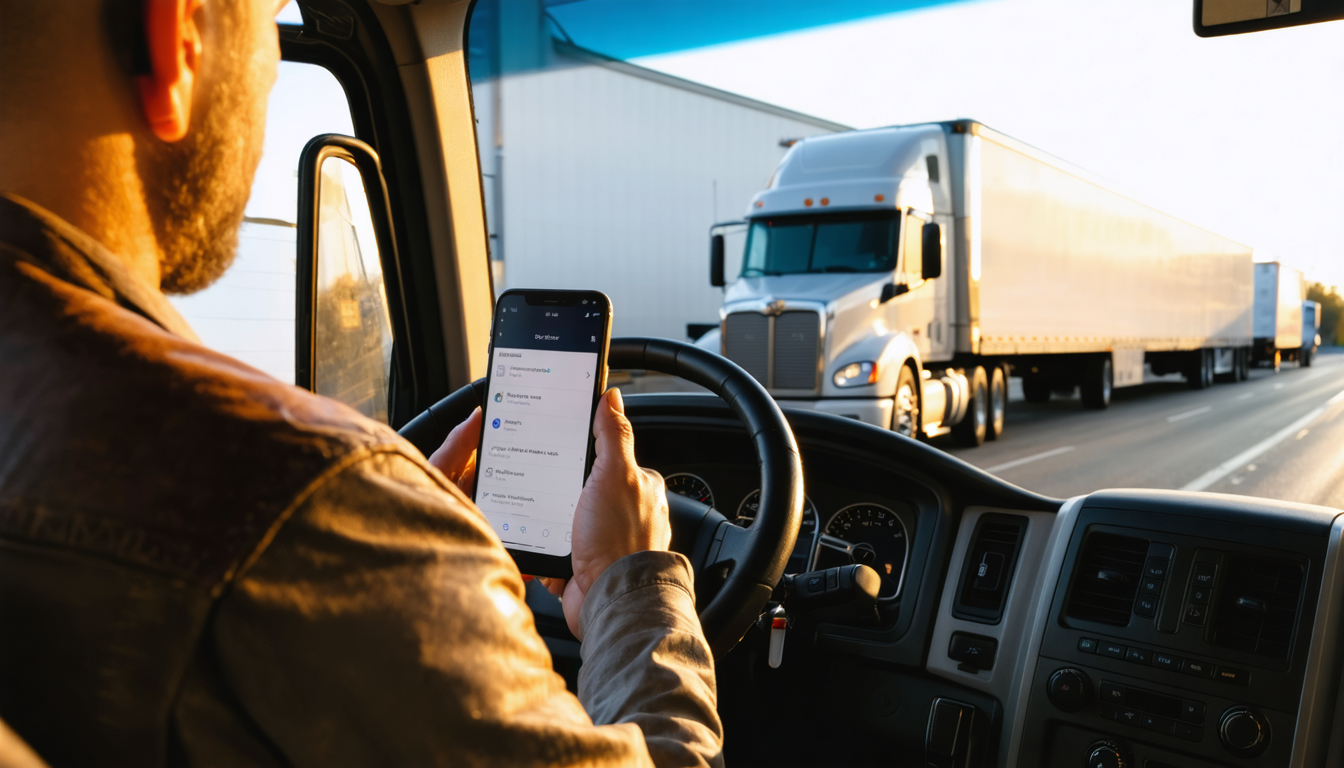 Owner-operator checking freight rates on a smartphone in truck cab at golden hour