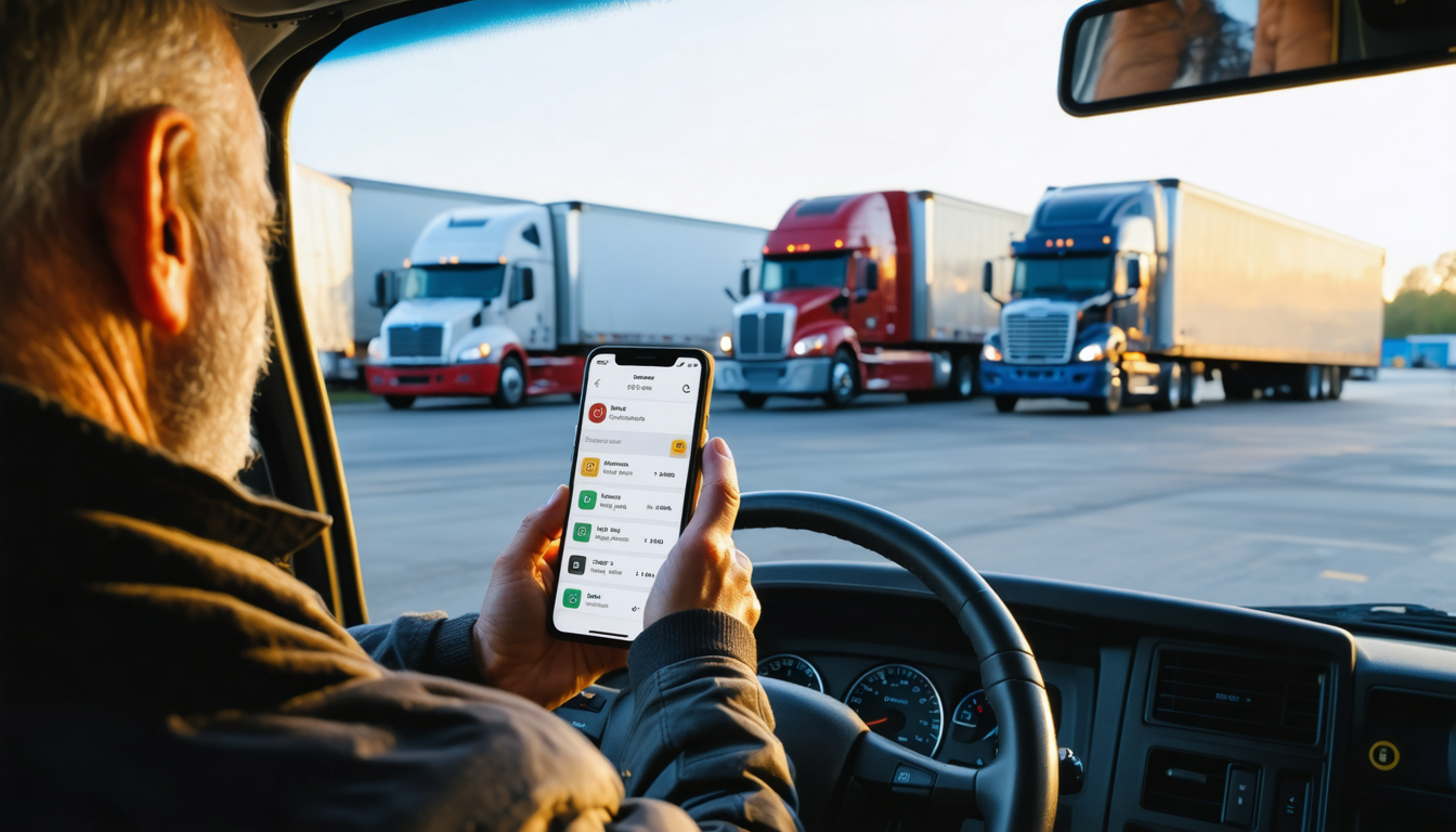 Owner-operator reviewing freight rates on a smartphone in the cab of a semi truck at a truck stop