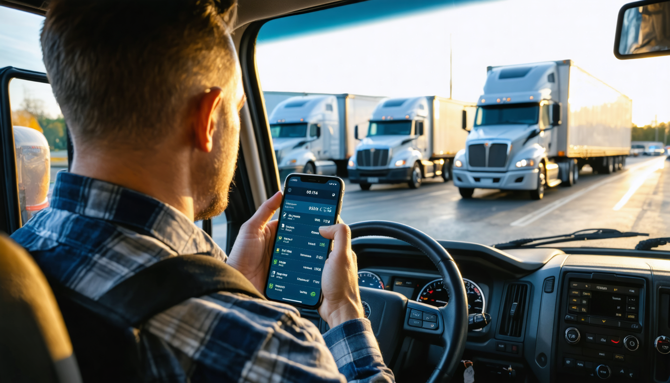 Owner-operator in truck cab reviewing spot rates and contract terms on a loadboard during golden hour