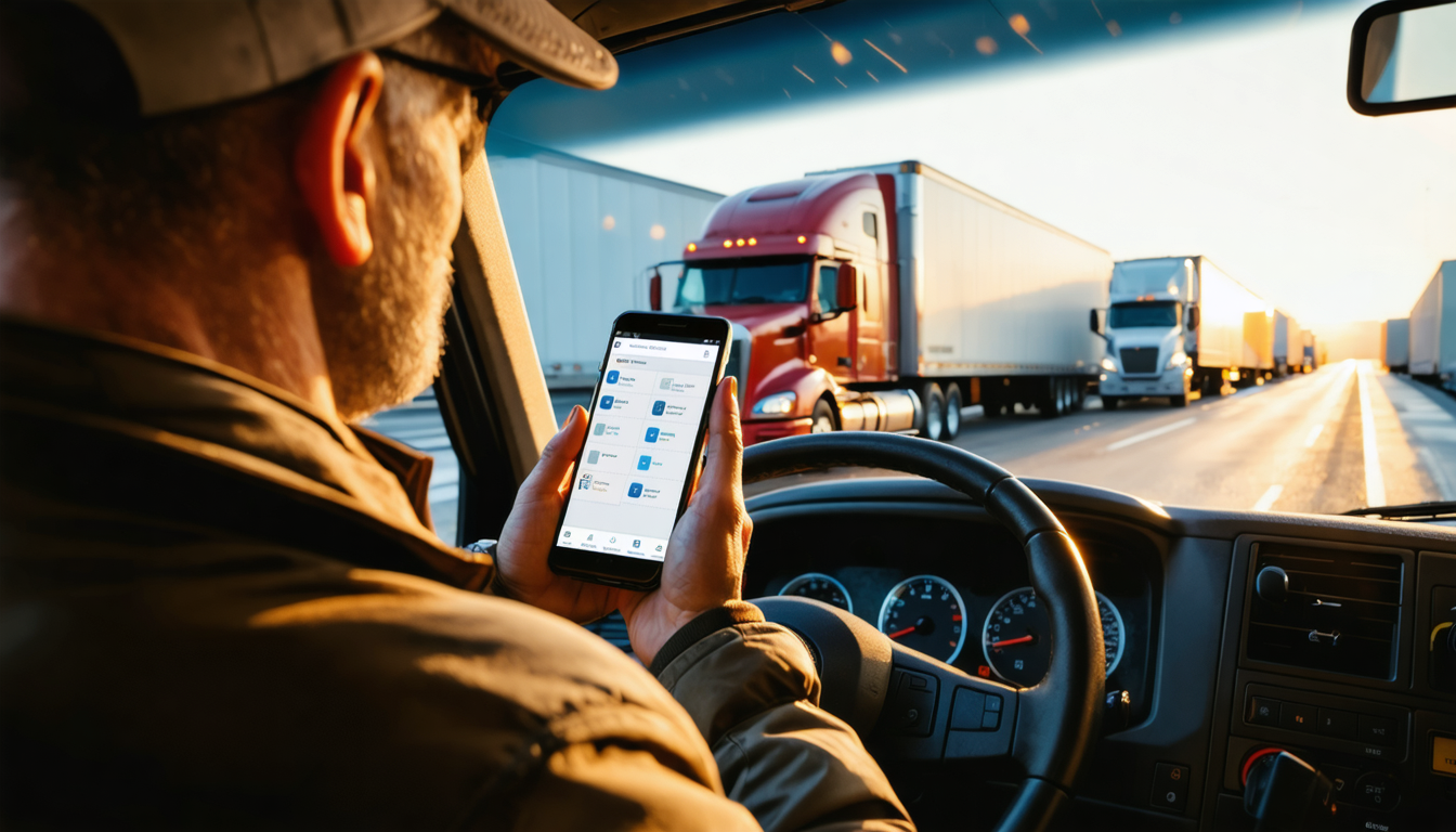 Owner-operator checking loads on a smartphone in truck cab at golden hour
