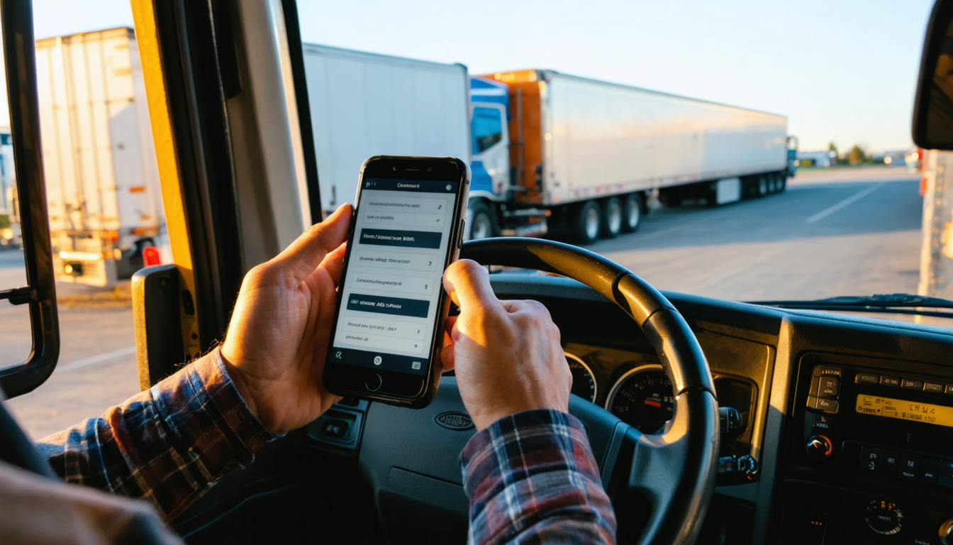 Owner-operator reviewing contract and spot rates on a loadboard app in the cab at a truck stop
