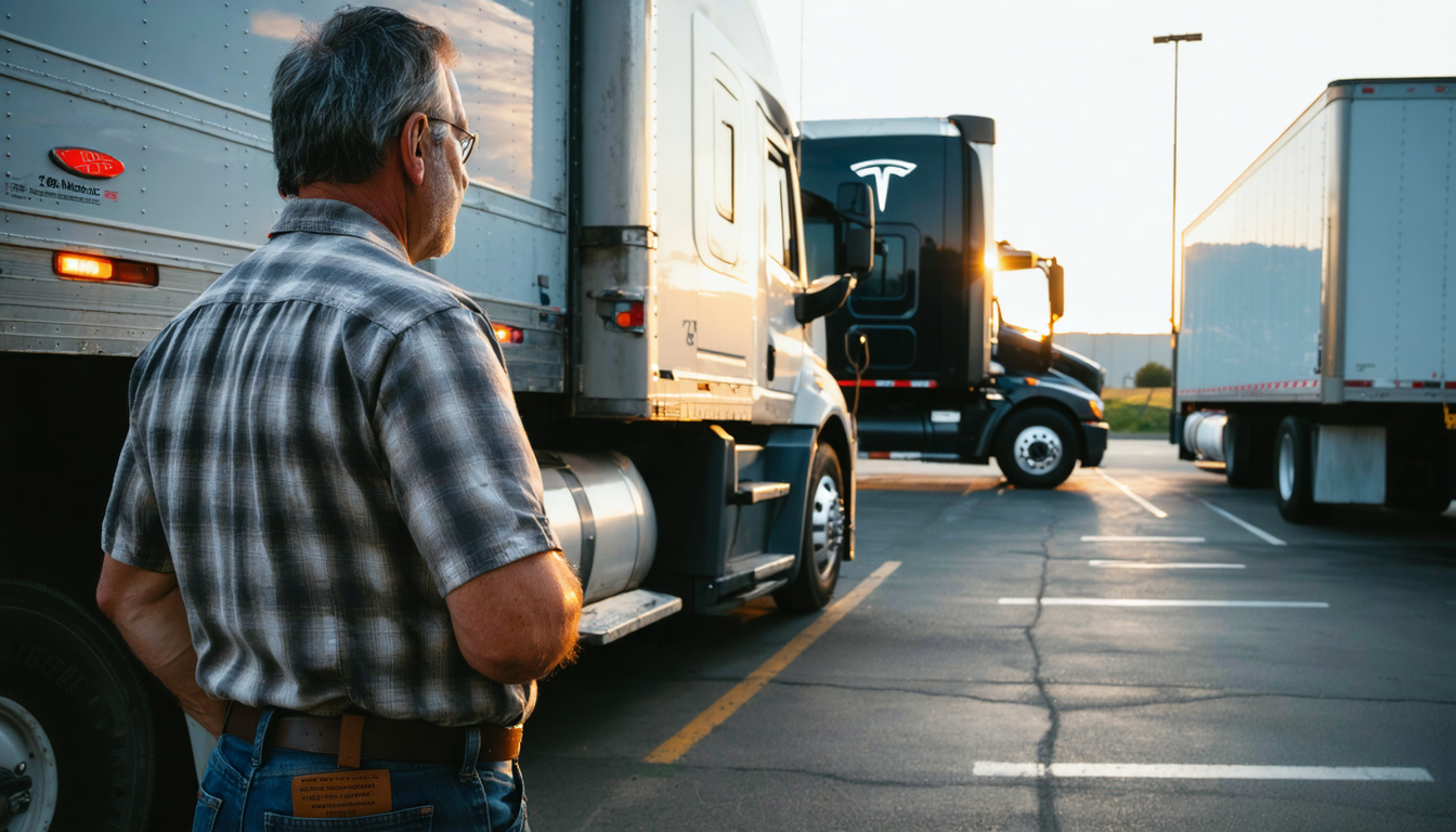 Owner-operator at truck stop considering equipment options, golden hour lighting