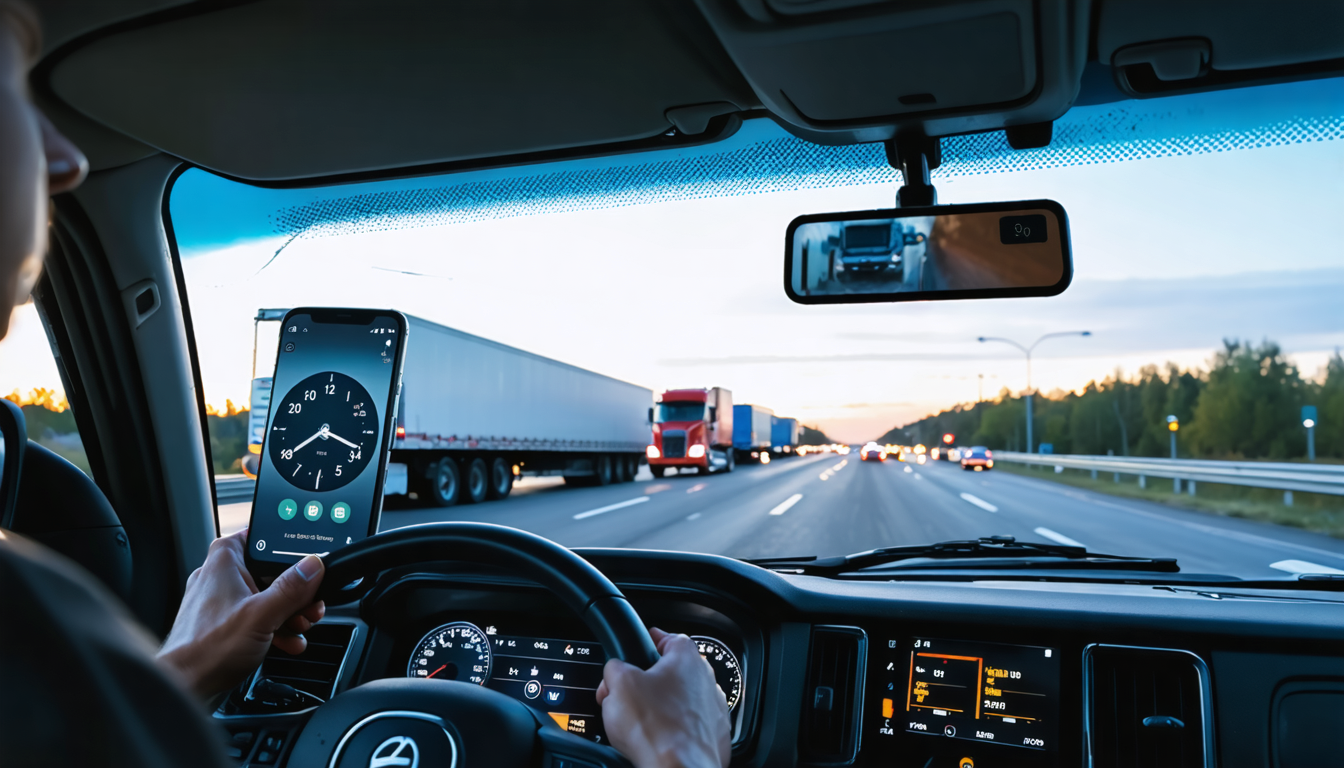 Driver's hands on steering wheel with HOS app visible on dashboard at dawn