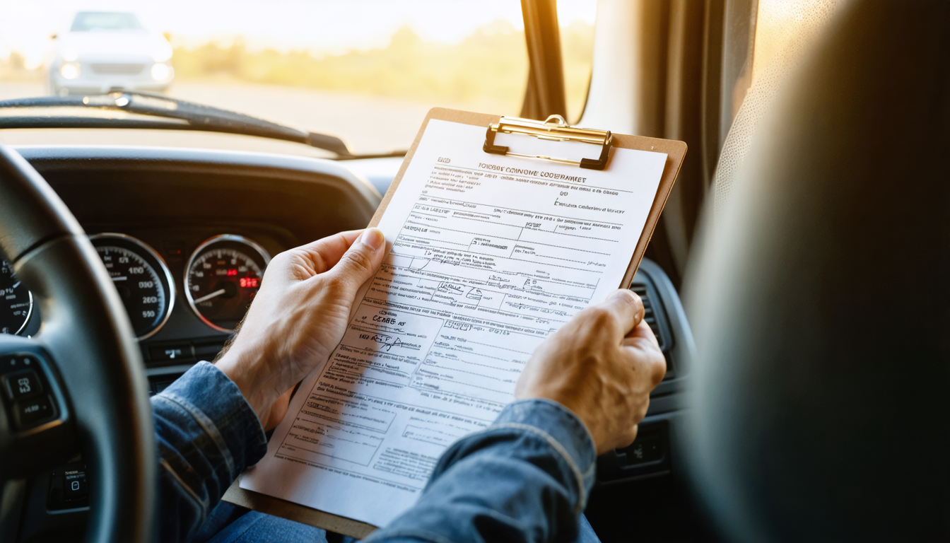 Owner-operator reviewing registration paperwork in a semi truck cab at sunset
