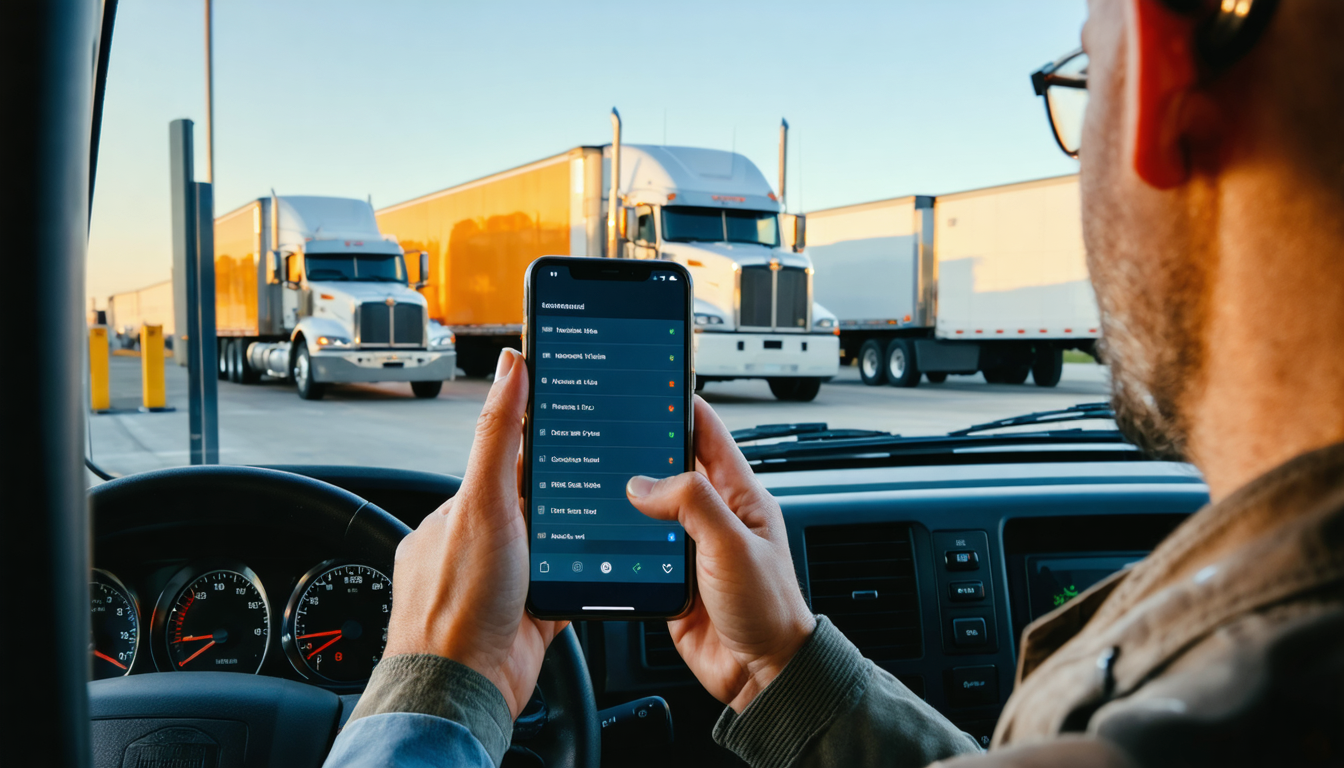 Owner-operator reviewing loads on a loadboard app in the cab of a semi at a truck stop.