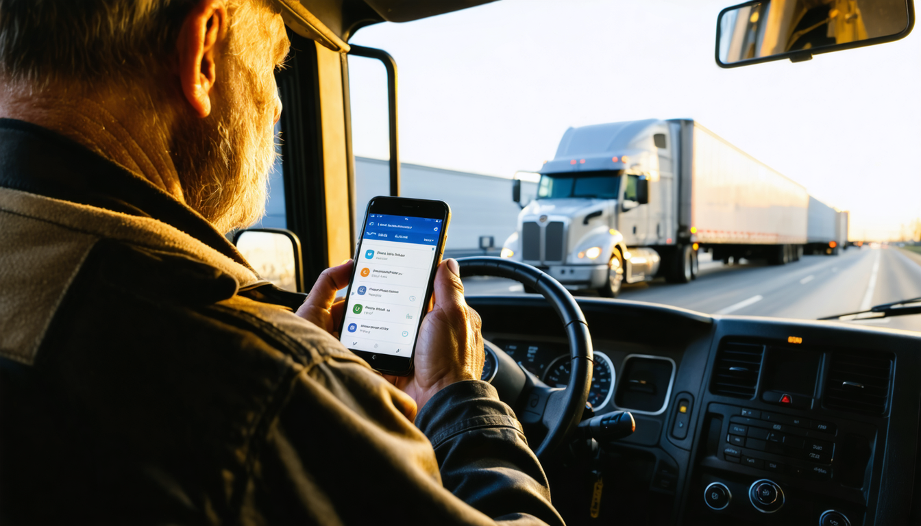 Owner-operator checking freight app on smartphone in semi cab at dawn