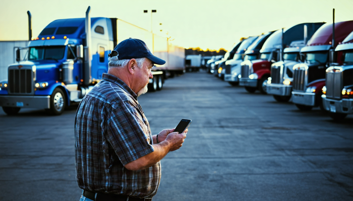 Owner-operator checking phone at crowded truck stop lot at dusk