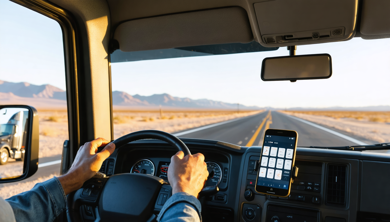 Driver's view from semi cab at sunset, heading toward border region with loadboard app visible on dashboard