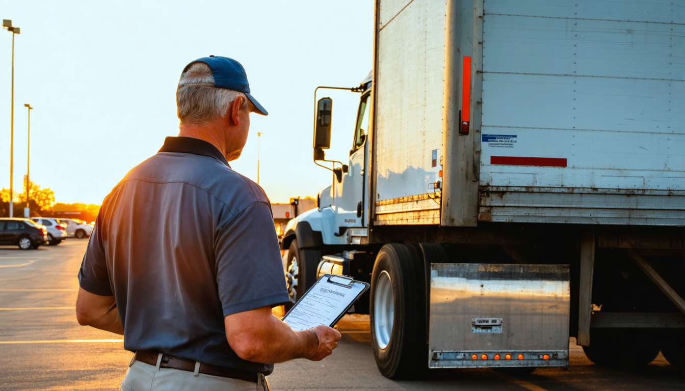 Veteran driver and fleet owner reviewing paperwork at truck stop at sunset