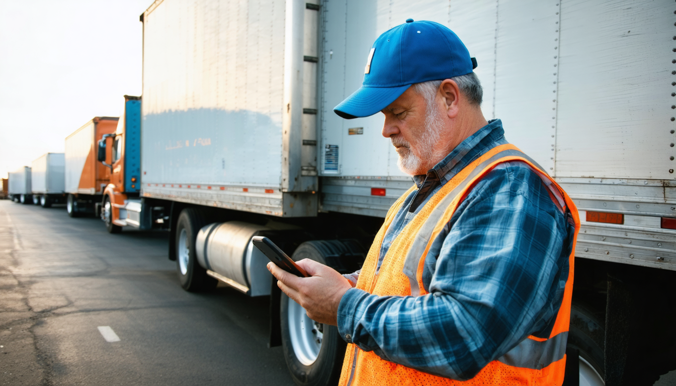 Owner-operator checking a loadboard on his phone at a truck stop parking lot at dawn