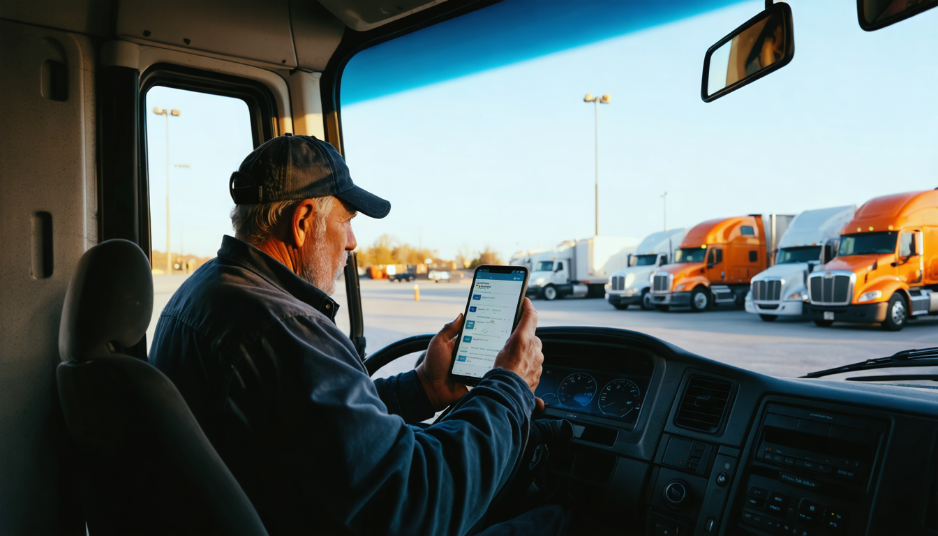 Owner-operator reviewing freight rates on loadboard app in semi cab at truck stop