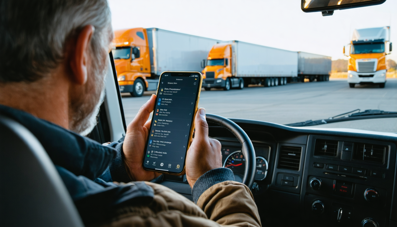 Owner-operator checking sparse loadboard on phone in semi cab at truck stop