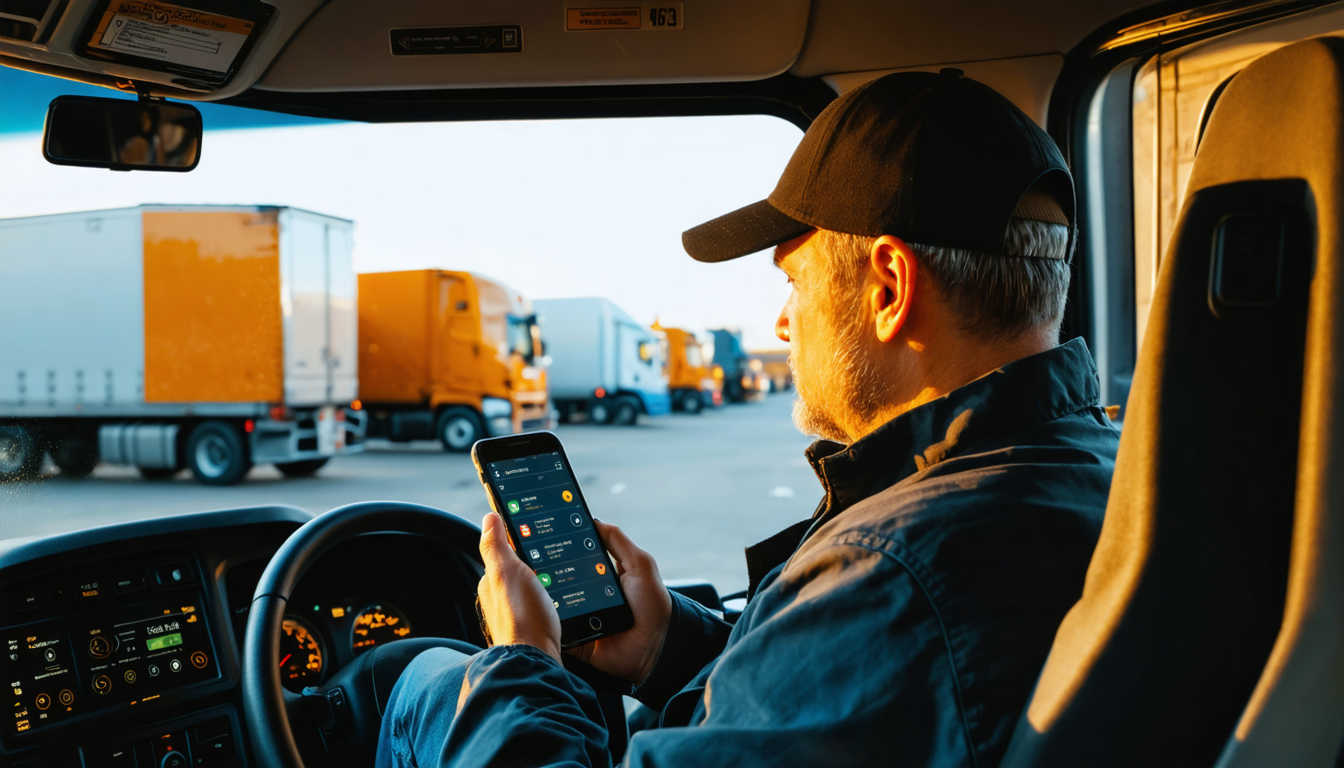 Owner-operator checking loadboard on smartphone in truck cab at golden hour