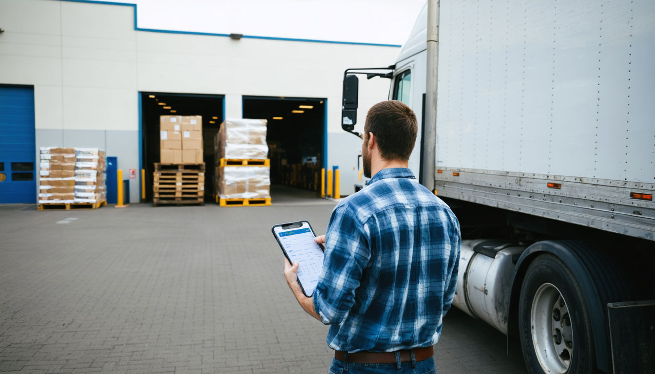 Owner-operator checking logistics app at warehouse loading dock at dawn